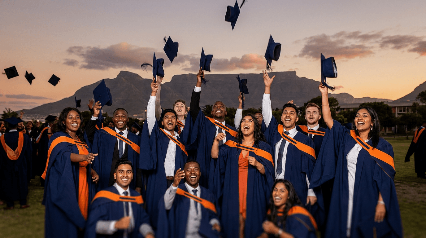 Cape View College graduates celebrating in front of Table Mountain
