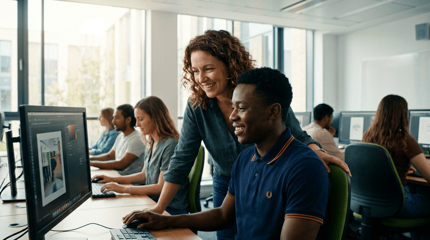 Lecturer helping a student in the computer lab